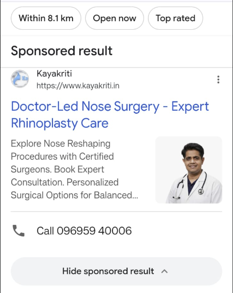 Google mobile search result showing a sponsored ad ranking first on the results page